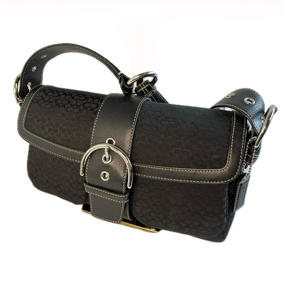 Coach Handbags - COACH Black Signature Jacquard & Leather Trim Shoulder Bag, No. 1463